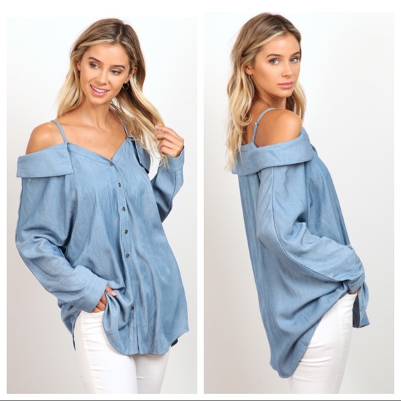 Blu Bayou Off Shoulder Button Down Shirt - Picture 2 of 5